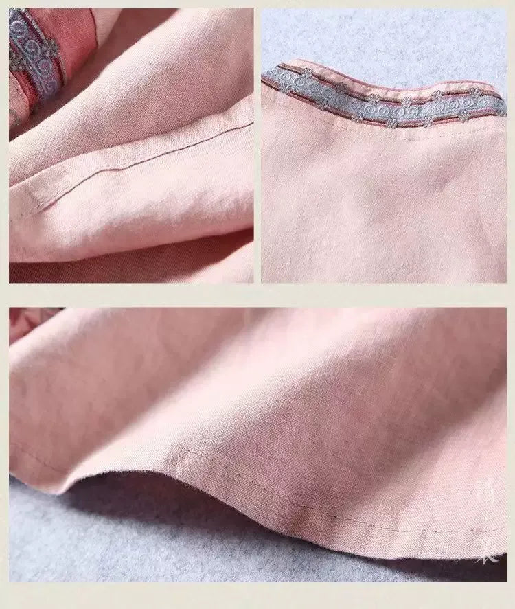 Embroidered Long Sleeve Shirt, Cotton Linen, Rounded Neckline - detail view