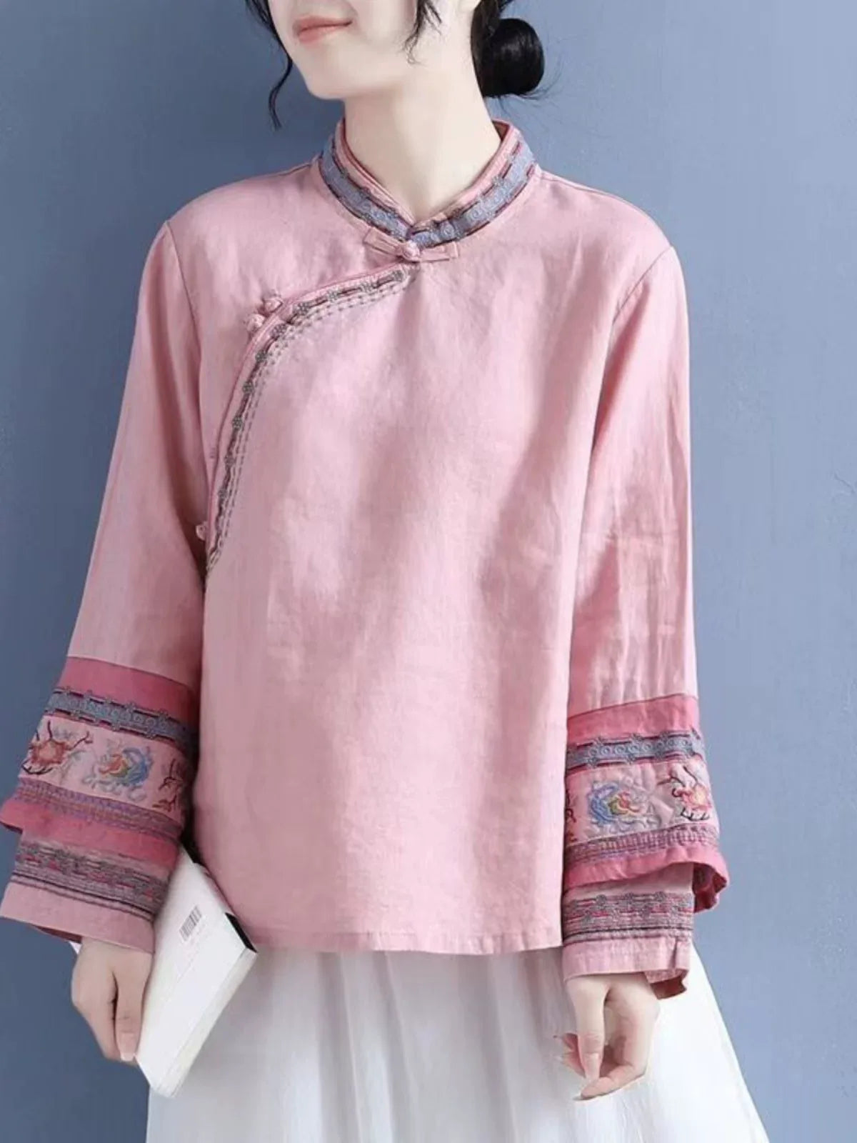 Embroidered Long Sleeve Shirt, Cotton Linen, Rounded Neckline - main product image