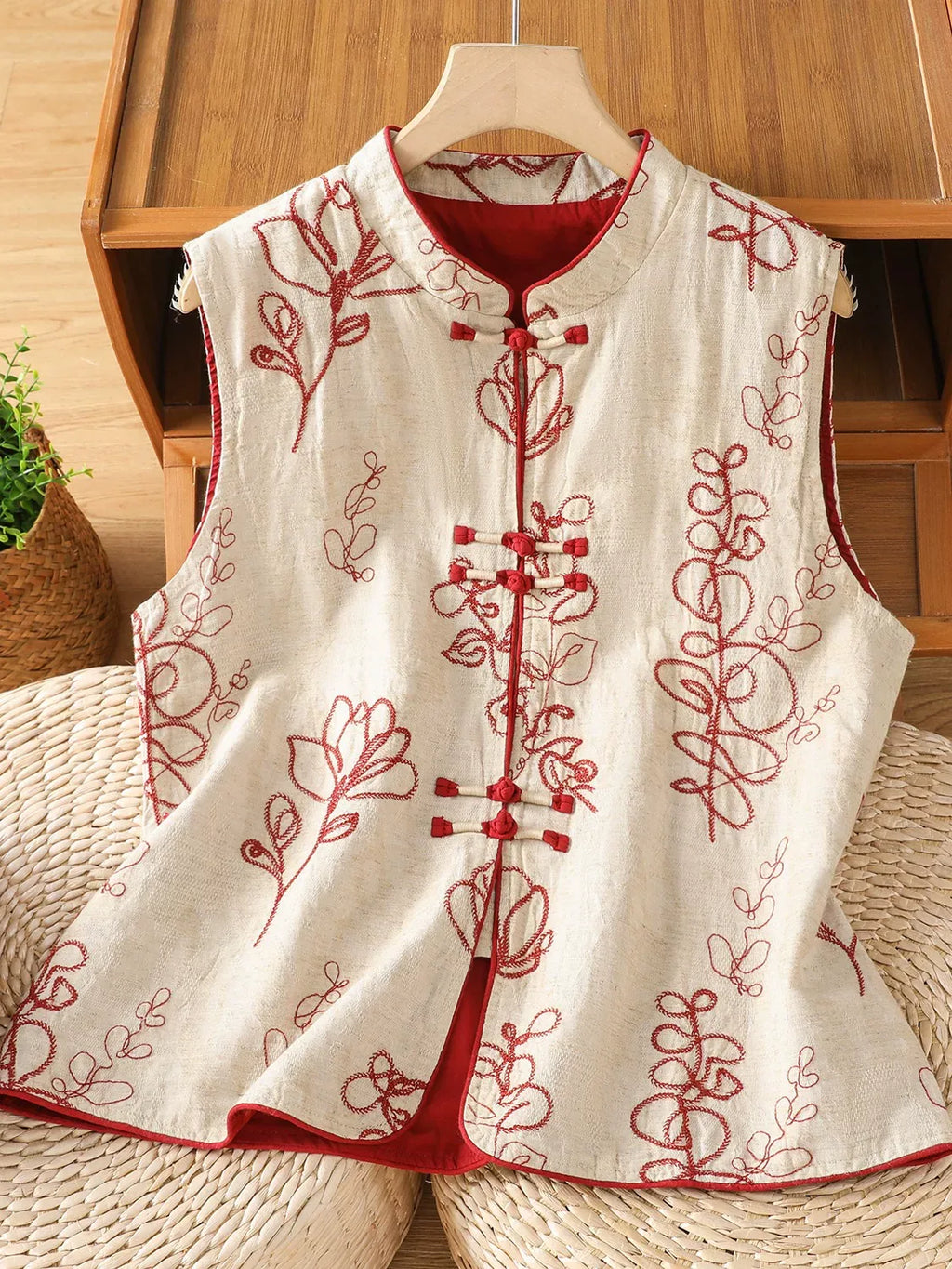 Embroidered Mandarin Collar Frog Button Cotton Linen Vest