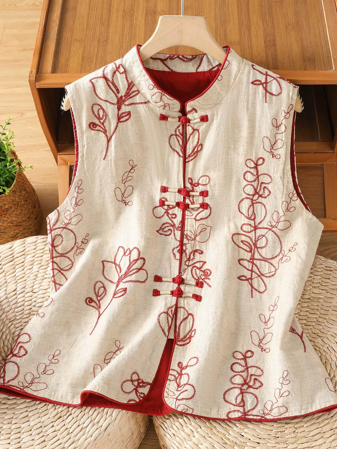 Embroidered Mandarin Collar Frog Button Cotton Linen Vest
