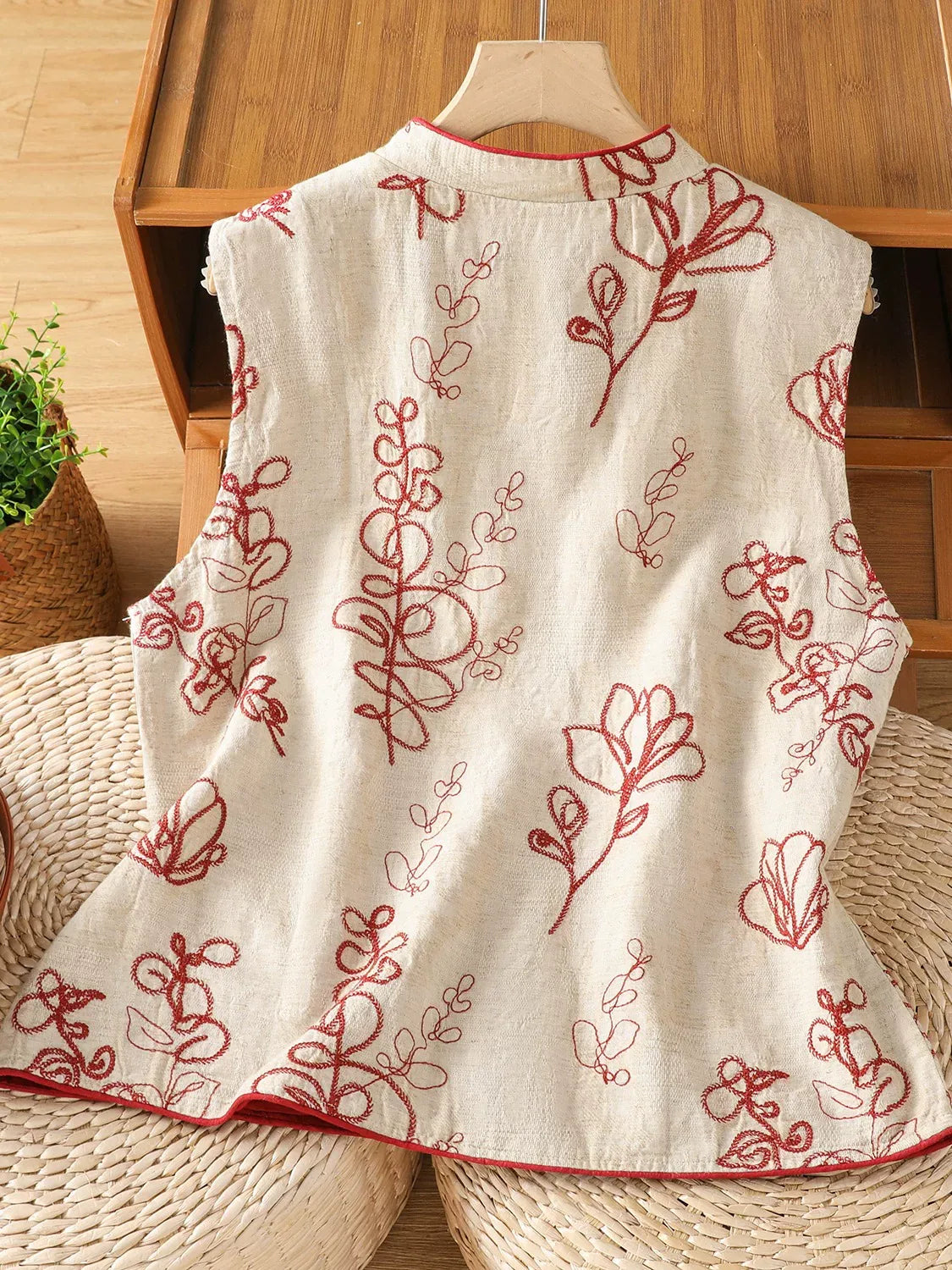 Embroidered Mandarin Collar Frog Button Cotton Linen Vest