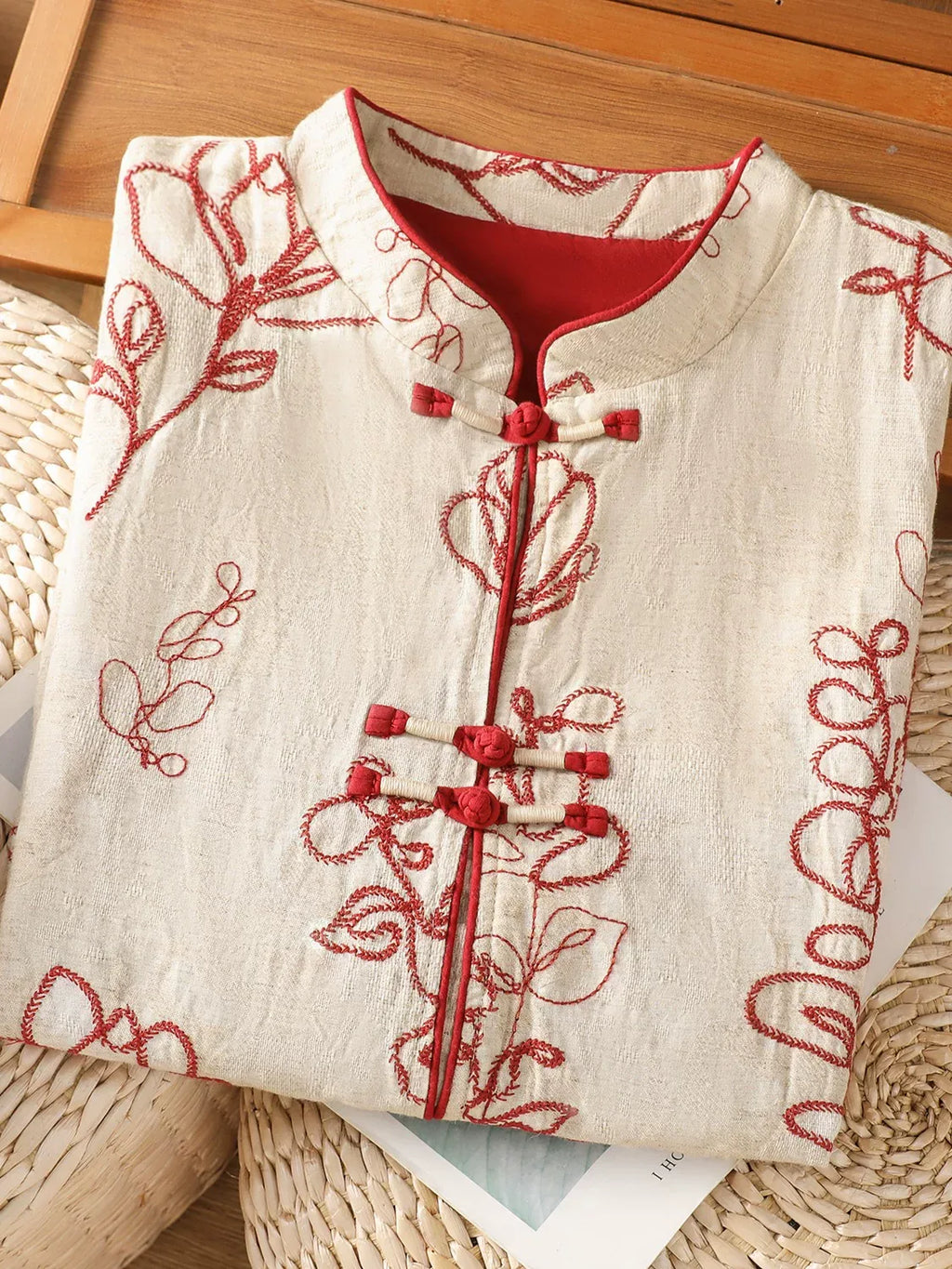 Embroidered Mandarin Collar Frog Button Cotton Linen Vest