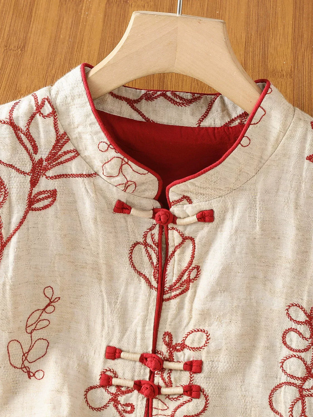 Embroidered Mandarin Collar Frog Button Cotton Linen Vest