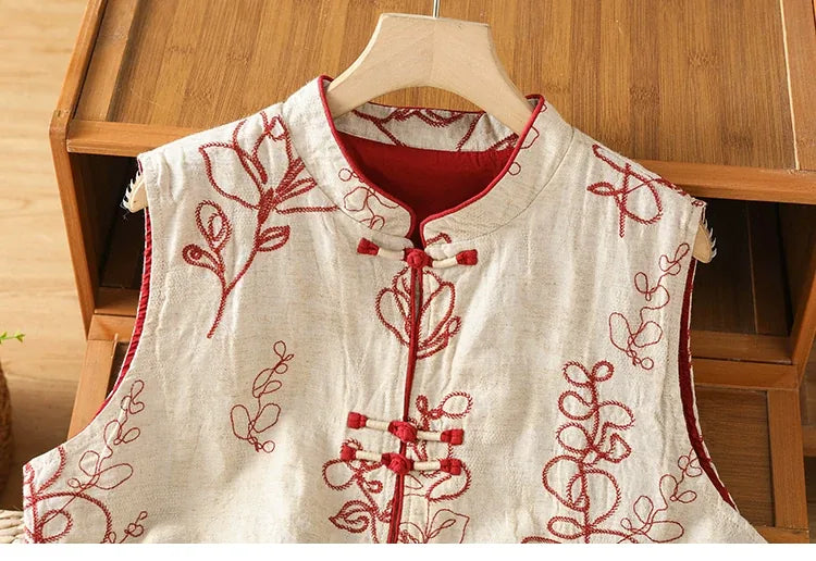 Embroidered Mandarin Collar Frog Button Cotton Linen Vest