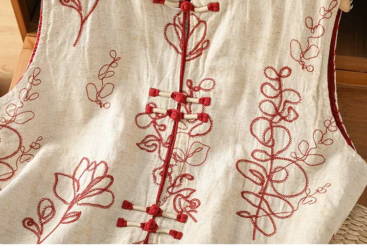 Embroidered Mandarin Collar Frog Button Cotton Linen Vest