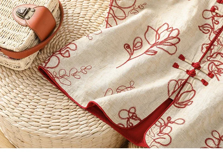 Embroidered Mandarin Collar Frog Button Cotton Linen Vest