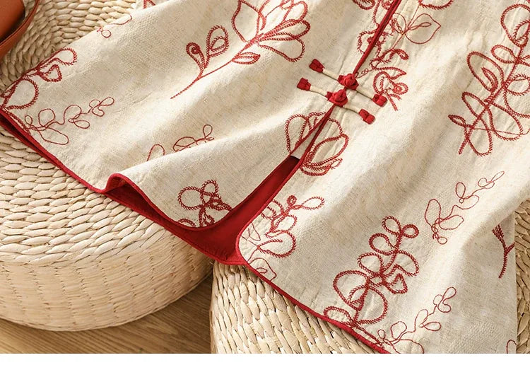 Embroidered Mandarin Collar Frog Button Cotton Linen Vest