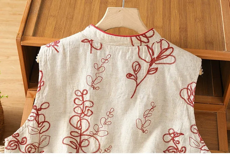 Embroidered Mandarin Collar Frog Button Cotton Linen Vest
