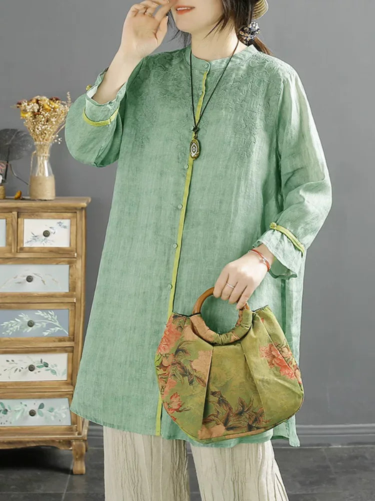Embroidered Mandarin Collar Tunic Shirt with Knot Cuffs
