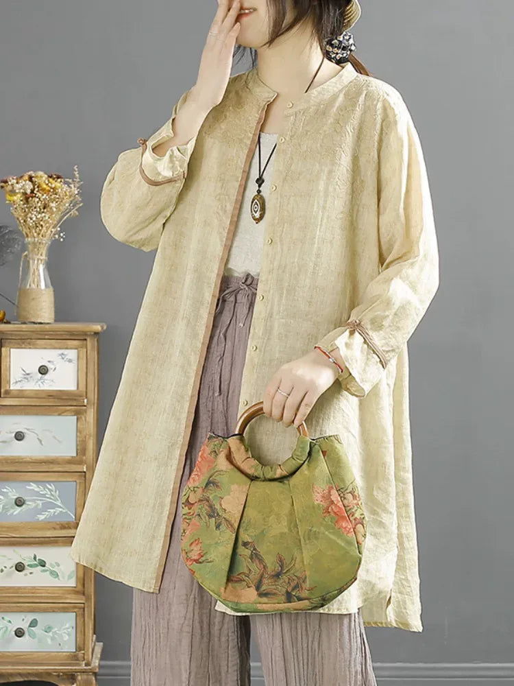 Embroidered Mandarin Collar Tunic Shirt with Knot Cuffs