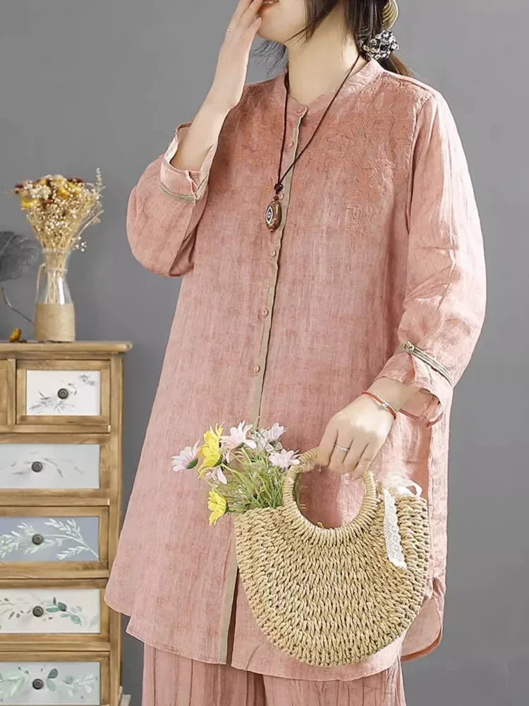 Embroidered Mandarin Collar Tunic Shirt with Knot Cuffs