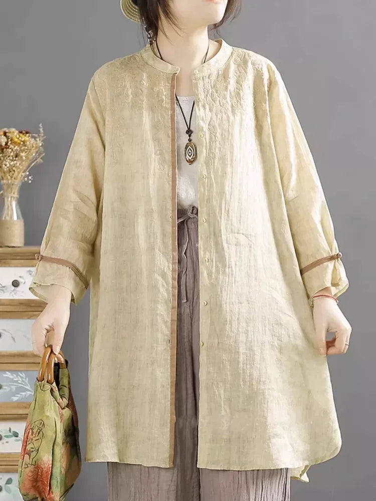 Embroidered Mandarin Collar Tunic Shirt with Knot Cuffs