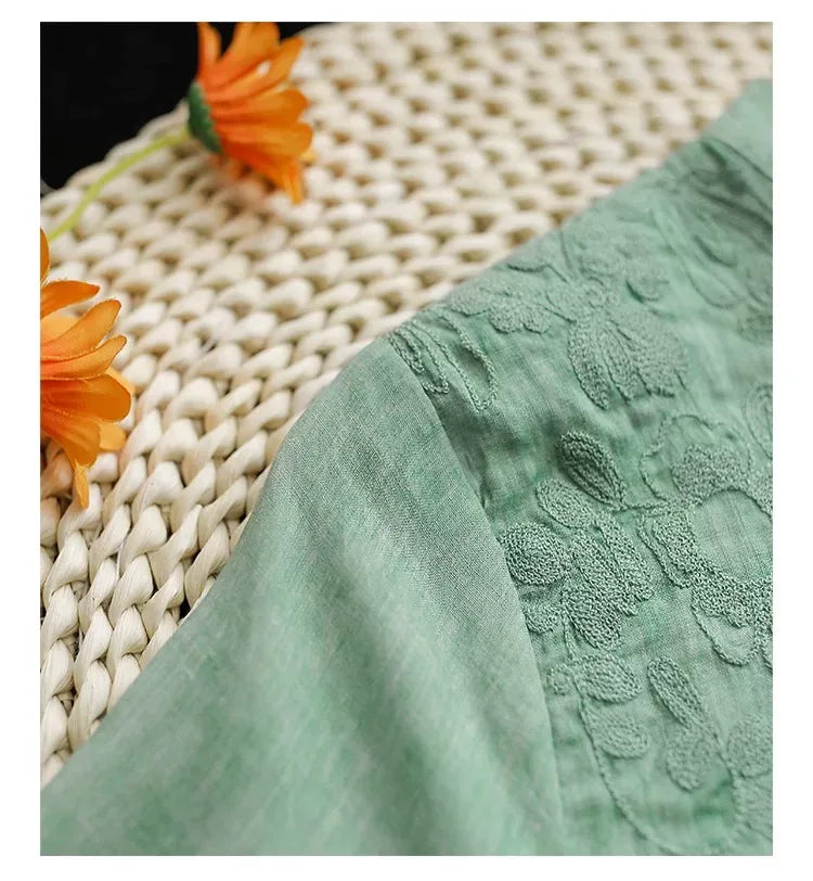 Embroidered Mandarin Collar Tunic Shirt with Knot Cuffs