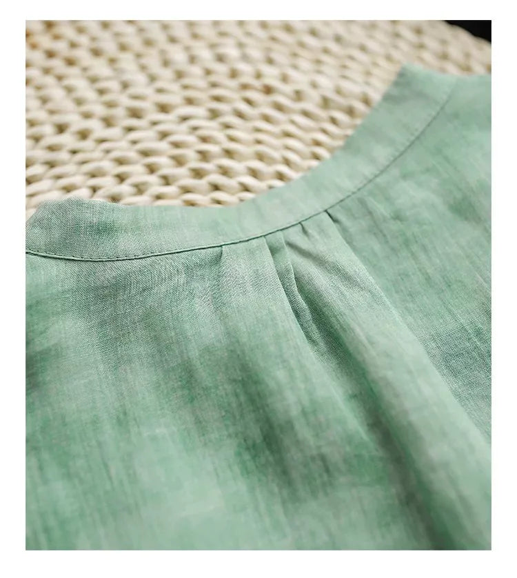 Embroidered Mandarin Collar Tunic Shirt with Knot Cuffs