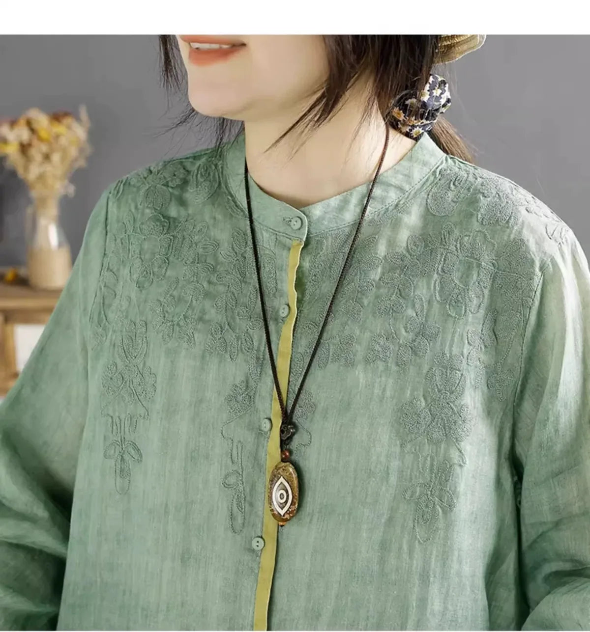 Embroidered Mandarin Collar Tunic Shirt with Knot Cuffs