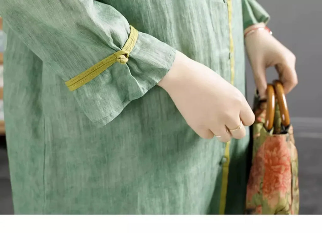 Embroidered Mandarin Collar Tunic Shirt with Knot Cuffs