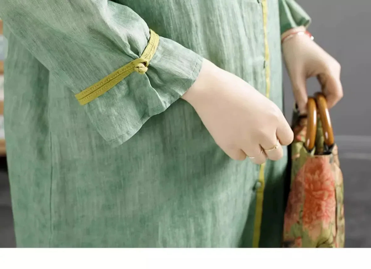 Embroidered Mandarin Collar Tunic Shirt with Knot Cuffs