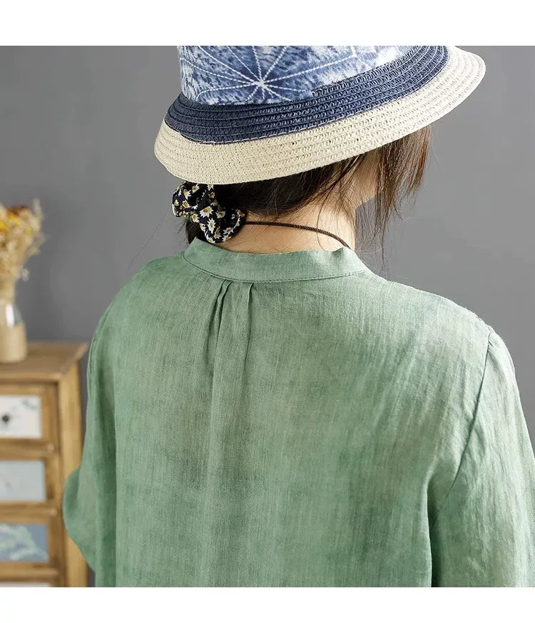 Embroidered Mandarin Collar Tunic Shirt with Knot Cuffs