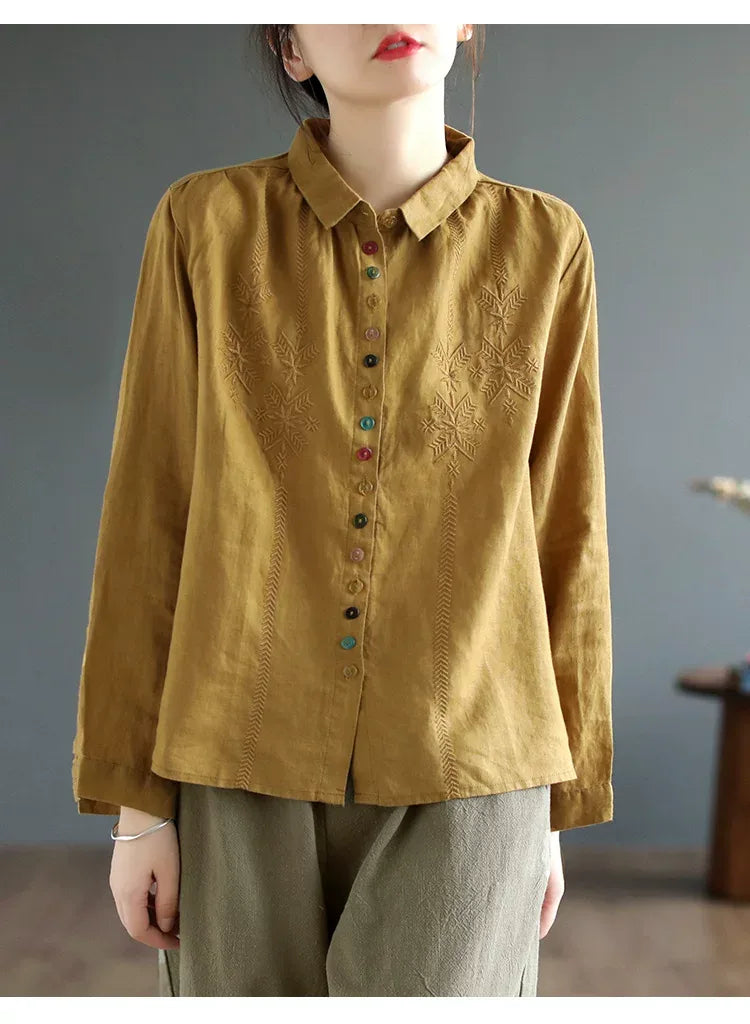 Embroidered Multi-Button Long Sleeve Shirt