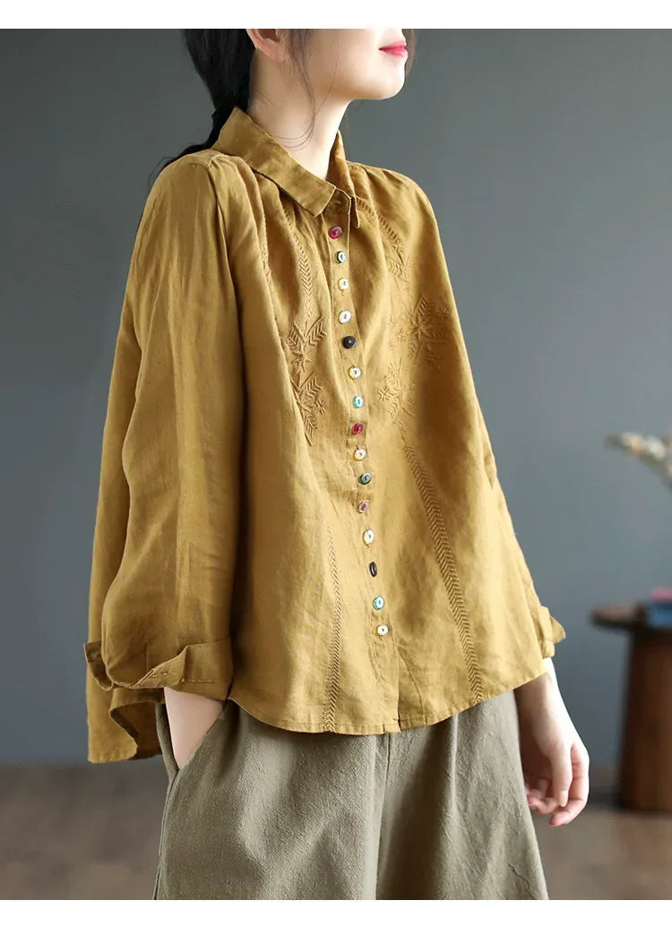Embroidered Multi-Button Long Sleeve Shirt