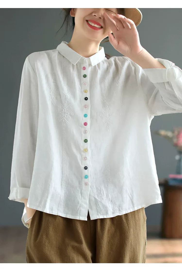 Embroidered Multi-Button Long Sleeve Shirt