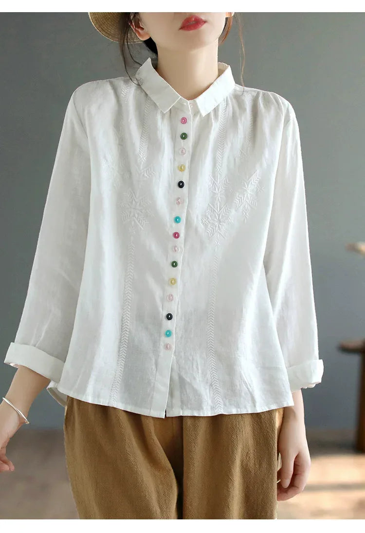 Embroidered Multi-Button Long Sleeve Shirt
