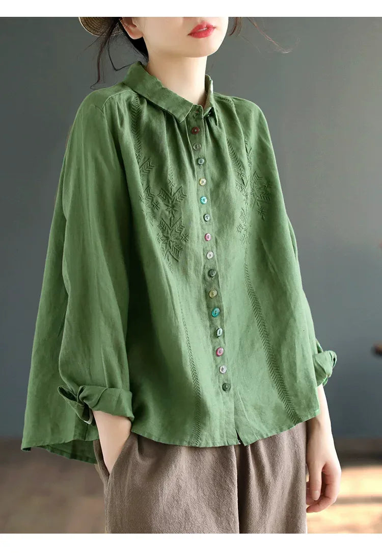 Embroidered Multi-Button Long Sleeve Shirt