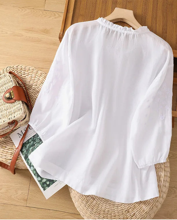 Embroidered Three Quarter Sleeve Blouse, Cotton Linen - main product image - unknown