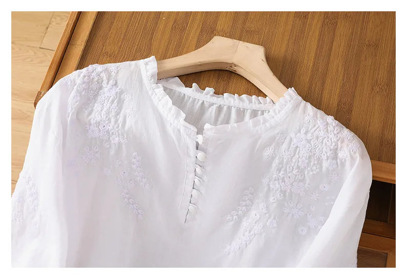 Embroidered Three Quarter Sleeve Blouse, Cotton Linen - product image 2 - unknown