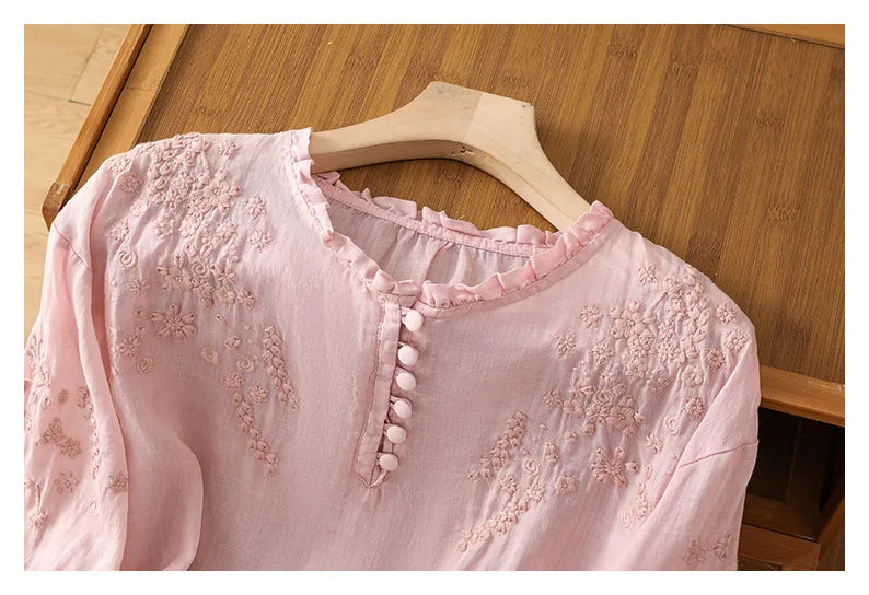 Embroidered Three Quarter Sleeve Blouse, Cotton Linen - product image 7 - unknown