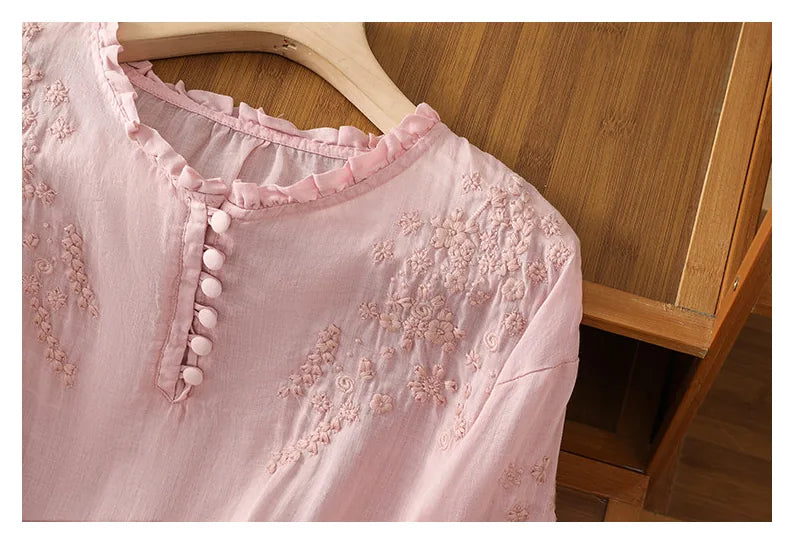 Embroidered Three Quarter Sleeve Blouse, Cotton Linen - product image 8 - unknown