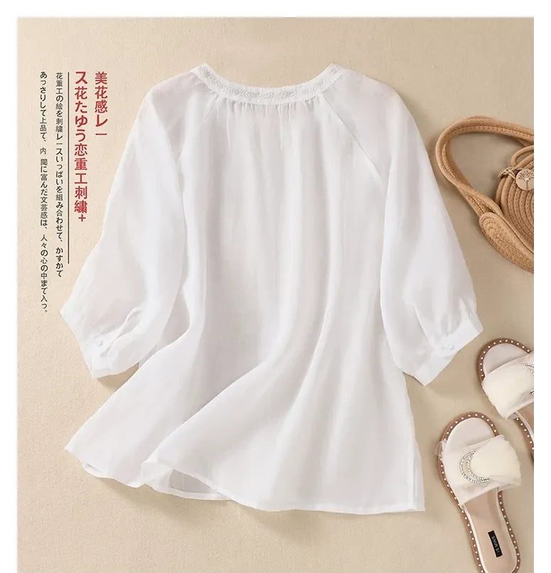 Embroidered Three Quarter Sleeve Blouse, Cotton Linen - detail view