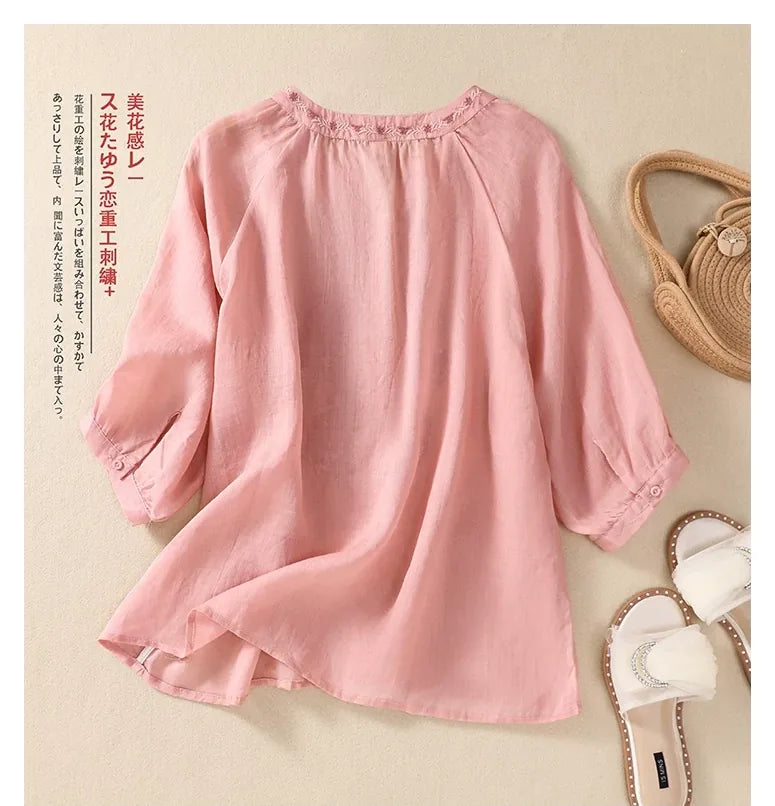 Embroidered Three Quarter Sleeve Blouse, Cotton Linen - detail view