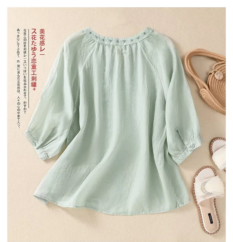 Embroidered Three Quarter Sleeve Blouse, Cotton Linen - detail view