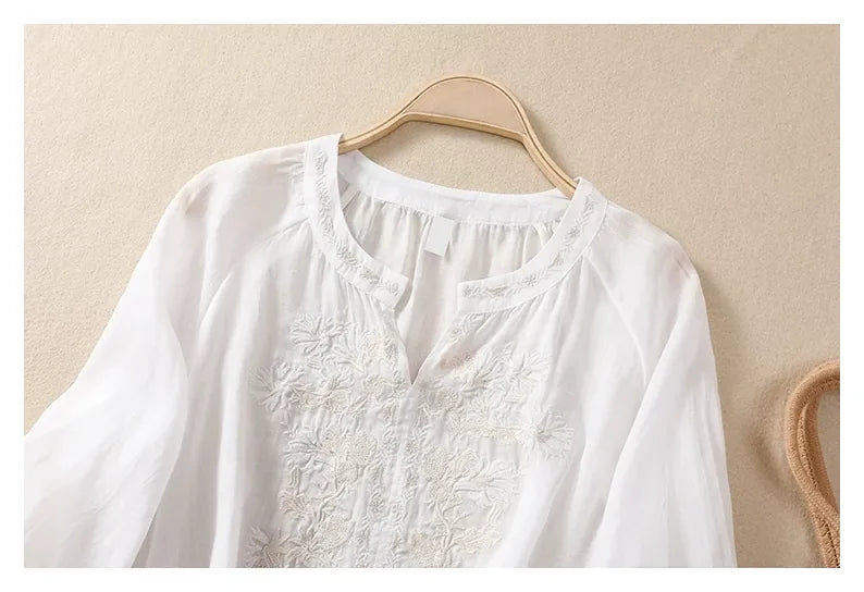 Embroidered Three Quarter Sleeve Blouse, Cotton Linen - detail view