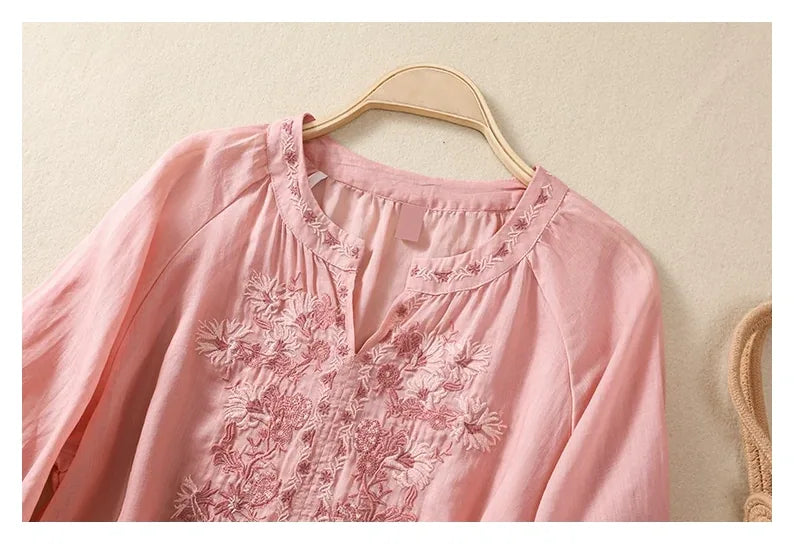 Embroidered Three Quarter Sleeve Blouse, Cotton Linen - detail view