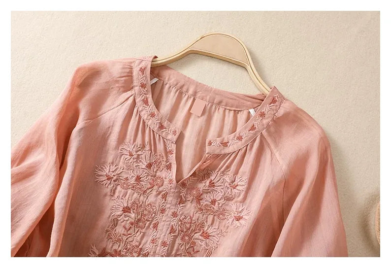 Embroidered Three Quarter Sleeve Blouse, Cotton Linen - detail view