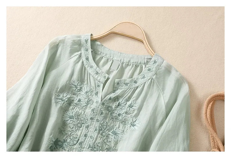 Embroidered Three Quarter Sleeve Blouse, Cotton Linen - detail view