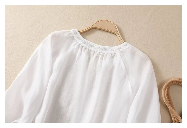Embroidered Three Quarter Sleeve Blouse, Cotton Linen - detail view