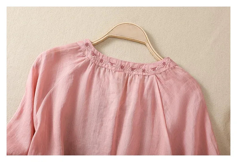 Embroidered Three Quarter Sleeve Blouse, Cotton Linen - detail view