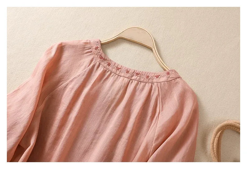 Embroidered Three Quarter Sleeve Blouse, Cotton Linen - detail view