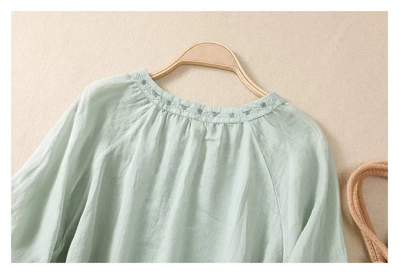 Embroidered Three Quarter Sleeve Blouse, Cotton Linen - detail view