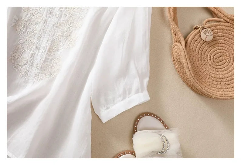 Embroidered Three Quarter Sleeve Blouse, Cotton Linen - detail view