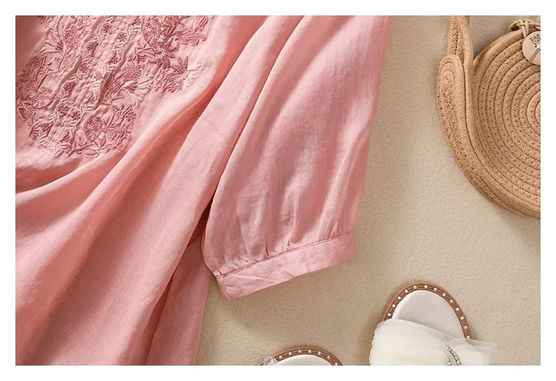 Embroidered Three Quarter Sleeve Blouse, Cotton Linen - detail view