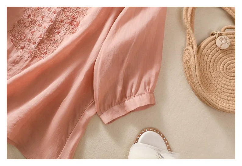 Embroidered Three Quarter Sleeve Blouse, Cotton Linen - detail view