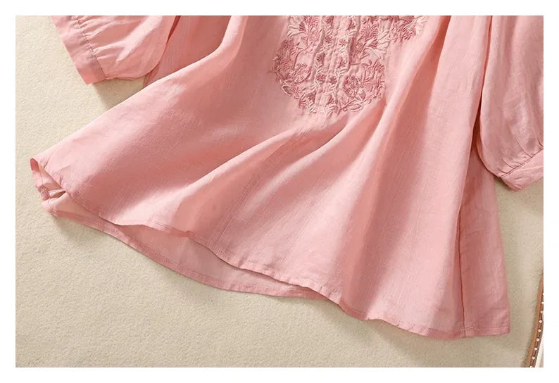 Embroidered Three Quarter Sleeve Blouse, Cotton Linen - detail view