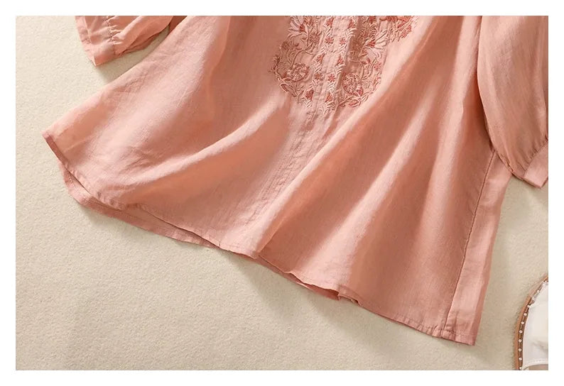 Embroidered Three Quarter Sleeve Blouse, Cotton Linen - detail view