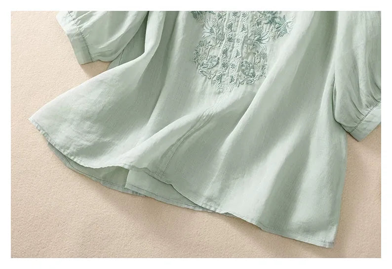 Embroidered Three Quarter Sleeve Blouse, Cotton Linen - detail view