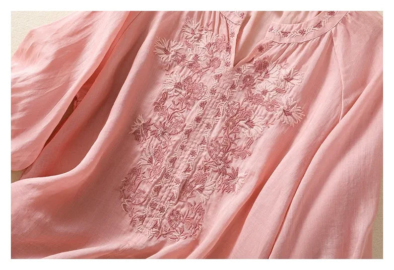 Embroidered Three Quarter Sleeve Blouse, Cotton Linen - detail view