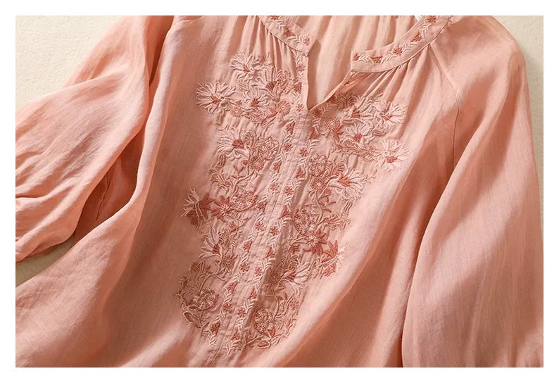 Embroidered Three Quarter Sleeve Blouse, Cotton Linen - detail view
